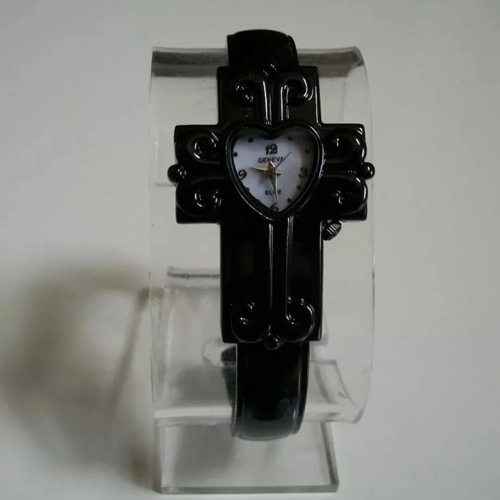WOMEN'S CROSS RELIGIOUS BLACK FINISH CUFF WATCH